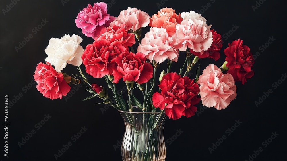 Obraz premium Vibrant Carnations Bouquet in Elegant Vase - Detailed Illustration of Full Bloom Flowers with Classic Touch