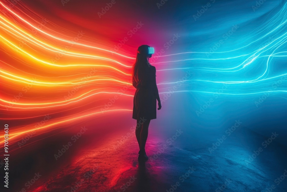 Woman in VR Headset Standing Between Red and Blue Neon Lights Woman in VR Headset Standing Between Red and Blue Neon Lights