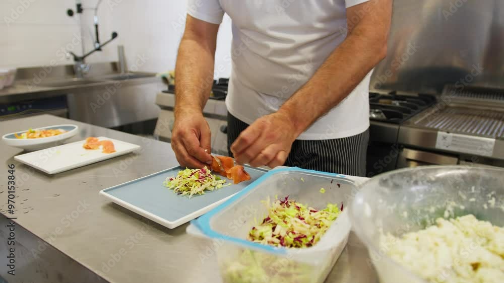 Chef Prepares Raw Smoked Salmon For Seafood Appetizer Into an Italian Kitchen Chef Prepares Raw Smoked Salmon For Seafood Appetizer Into an Italian Kitchen