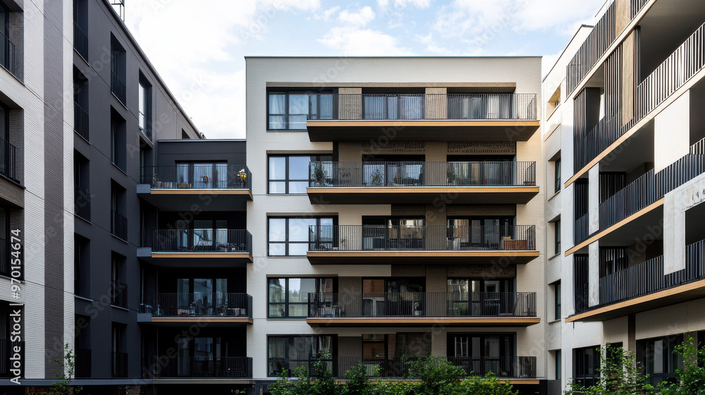 A frontal view of a cosy residential building. One side of the building is completely finished, the other side of the building is still a construction site at beginning A frontal view of a cosy residential building. One side of the building is completely finished, the other side of the building is still a construction site at beginning