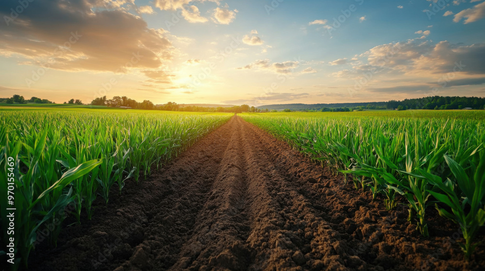 A vast agricultural field with rows of green crops growing under a dramatic sunset sky, symbolizing farming and the rural lifestyle. A vast agricultural field with rows of green crops growing under a dramatic sunset sky, symbolizing farming and the rural lifestyle.