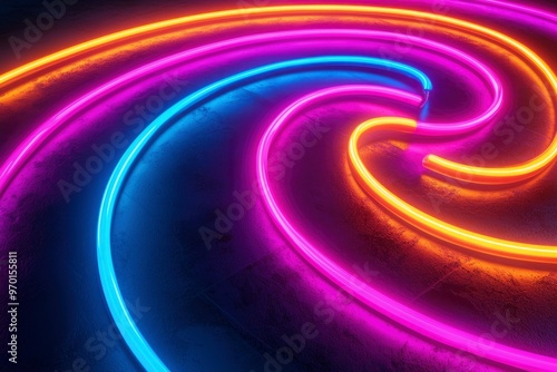 Abstract Neon Lights Spiraling on a Dark Surface