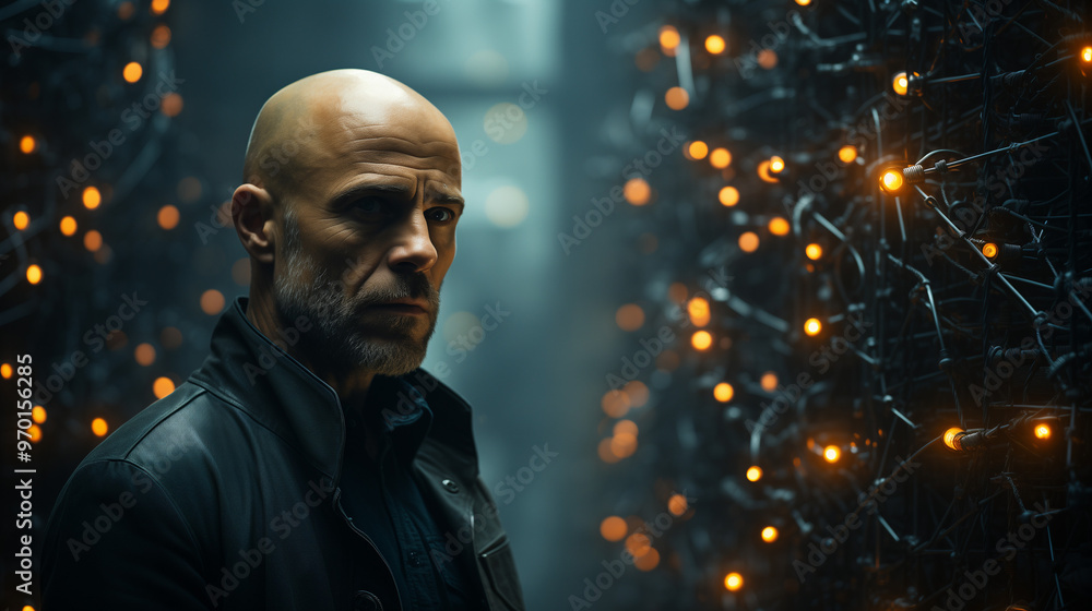 Intense bald man in leather jacket against glowing network background Intense bald man in leather jacket against glowing network background