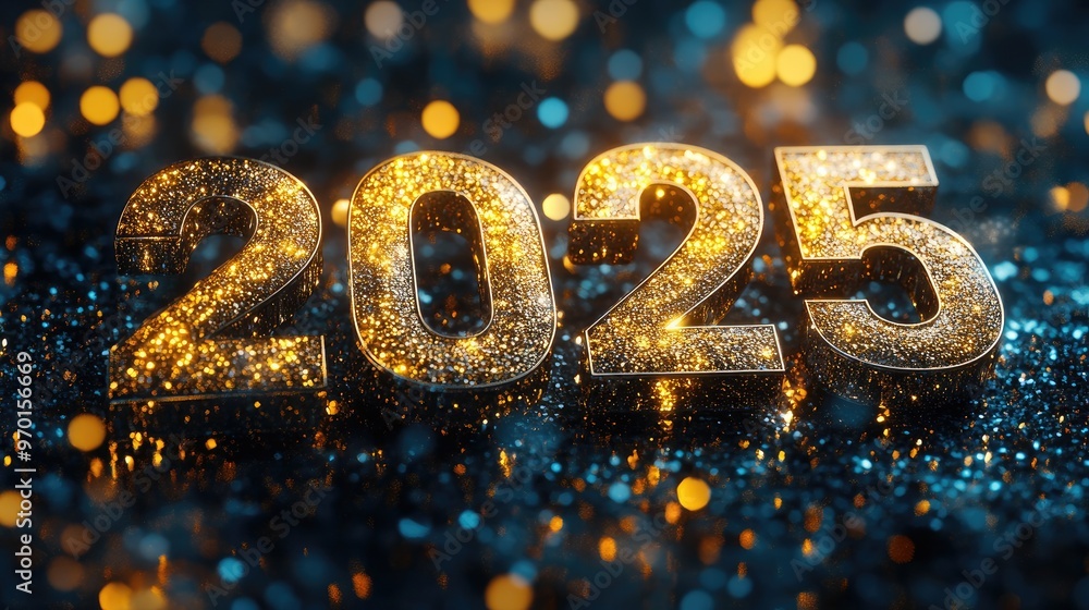 Words 2025. New year concept on lighting background with blurred lights. New year gold celebration background Words 2025. New year concept on lighting background with blurred lights. New year gold celebration background