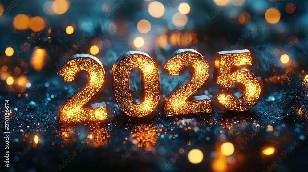 Words 2025. New year concept on lighting background with blurred lights. New year gold celebration background Words 2025. New year concept on lighting background with blurred lights. New year gold celebration background