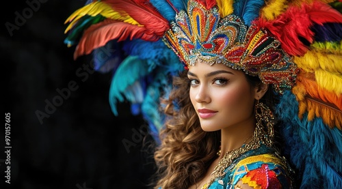 Vibrant portrait of a woman in an elaborate red feathered headdress at a cultural festival photo