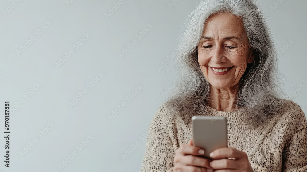 beautiful smiling elderly gray-haired woman holding smartphone, granny talking on mobile phone, old lady, white background, pensioner, retired person, elderly lifestyle, female portrait, communication beautiful smiling elderly gray-haired woman holding smartphone, granny talking on mobile phone, old lady, white background, pensioner, retired person, elderly lifestyle, female portrait, communication