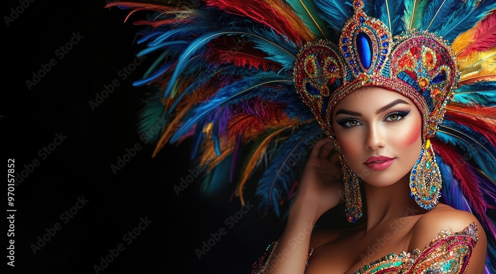 Vibrant portrait of a woman in an elaborate red feathered headdress at a cultural festival Vibrant portrait of a woman in an elaborate red feathered headdress at a cultural festival