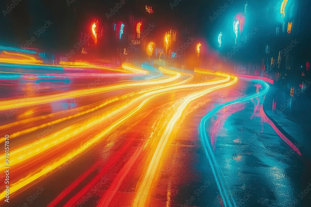 Abstract Light Trails of Cars on Wet Road at Night Abstract Light Trails of Cars on Wet Road at Night