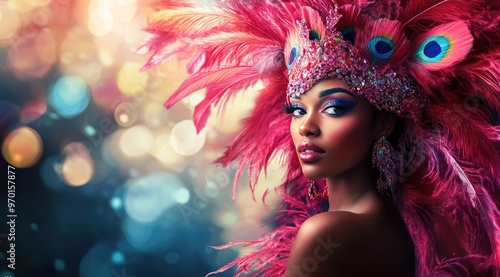 Vibrant portrait of a woman in an elaborate red feathered headdress at a cultural festival