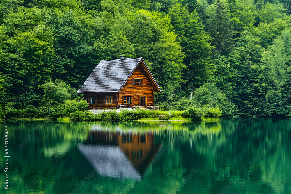 A wooden cabin nestled amidst lush green forest, its reflection mirrored in a tranquil lake. A wooden cabin nestled amidst lush green forest, its reflection mirrored in a tranquil lake.