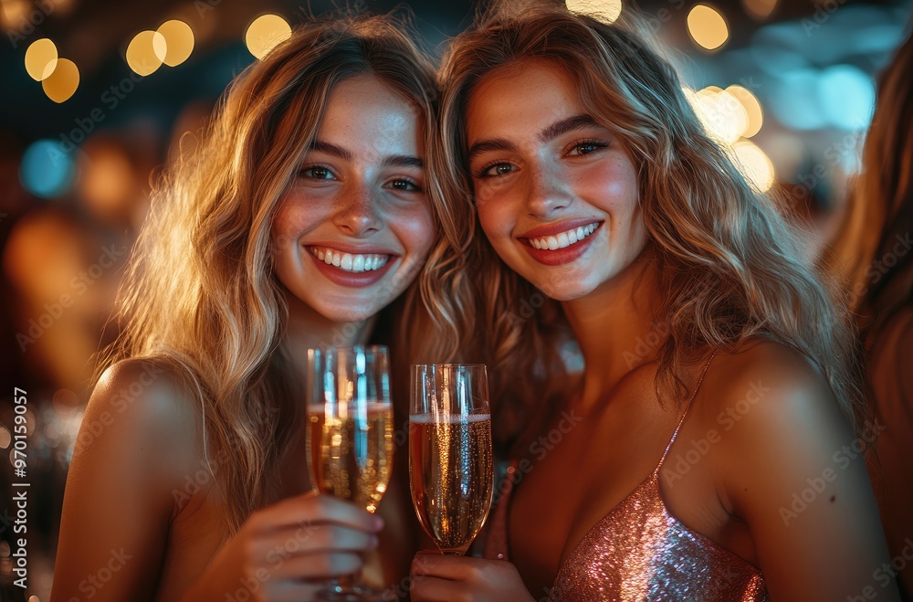 A group of cheerful woman in evening dress holding glass with champagne and celebrating an event A group of cheerful woman in evening dress holding glass with champagne and celebrating an event