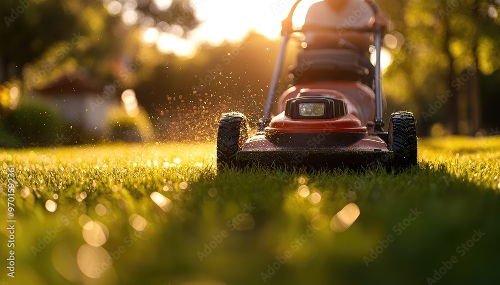 Man Mows Lawn at Sunset Creating Serene Backyard Atmosphere Man Mows Lawn at Sunset Creating Serene Backyard Atmosphere