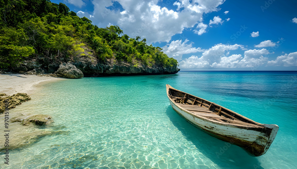 Tranquil scene of a wooden boat on a pristine beach with turquoise water. Tranquil scene of a wooden boat on a pristine beach with turquoise water.
