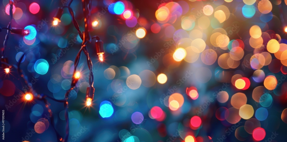 Festive Christmas Lights Decorate Background with High Level of Detail. Holiday Celebration Concept Festive Christmas Lights Decorate Background with High Level of Detail. Holiday Celebration Concept
