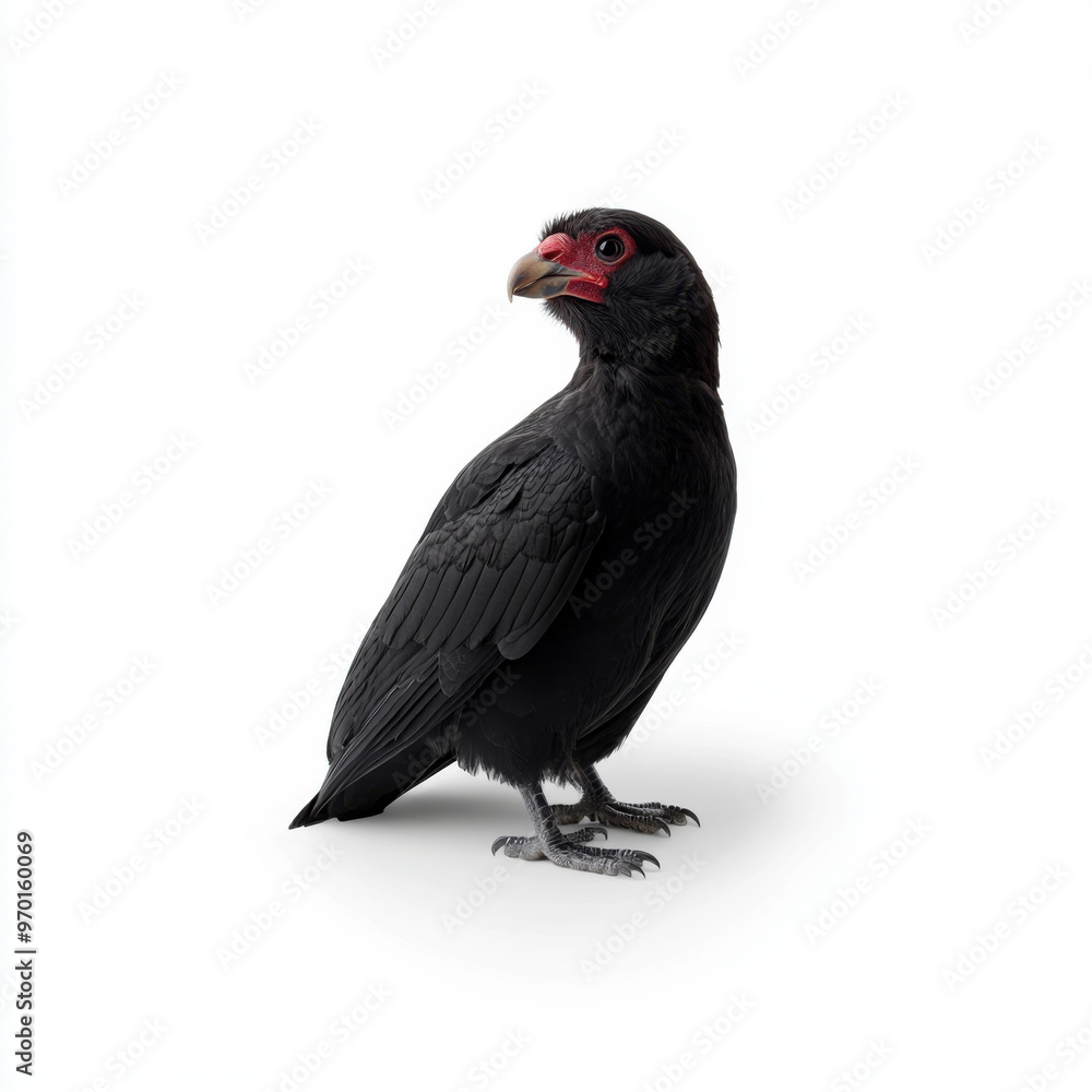 A black bird with a striking red face stands alone on a white background, showcasing its unique appearance. A black bird with a striking red face stands alone on a white background, showcasing its unique appearance.
