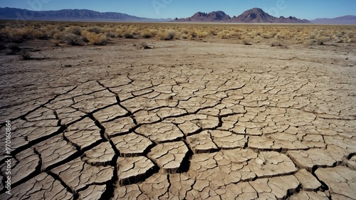 Illustration showing a vast arid desert with cracked and parched earth in the foreground.