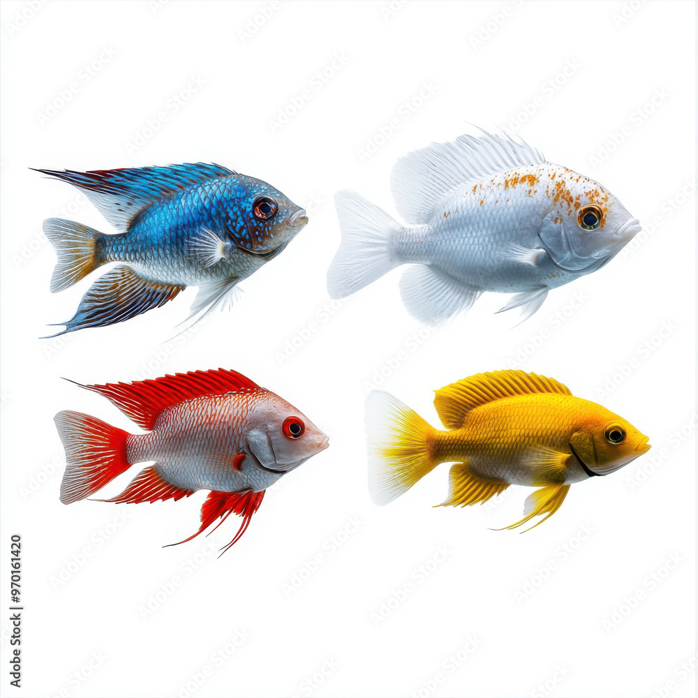 A variety of vibrant cichlid fish species displayed on a white background, showcasing diverse colors and patterns for aquarium enthusiasts. A variety of vibrant cichlid fish species displayed on a white background, showcasing diverse colors and patterns for aquarium enthusiasts.