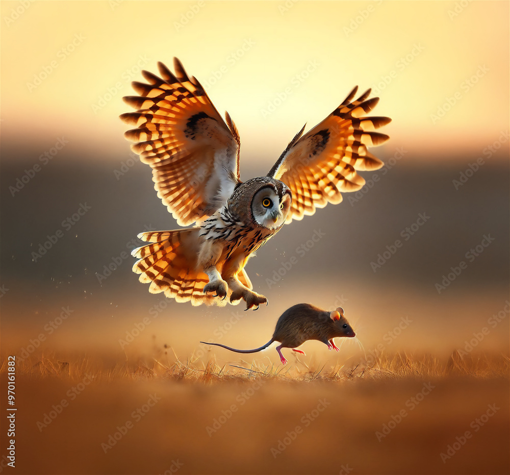 Fototapeta premium Owl flying in misty forest in the morning and hunting for a mouse.