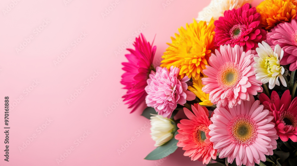 A vibrant bouquet of gerbera flowers in pink, yellow, and white, arranged against a soft pink background, symbolizing celebration and joy. A vibrant bouquet of gerbera flowers in pink, yellow, and white, arranged against a soft pink background, symbolizing celebration and joy.