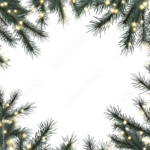 Pine Branches Adorned With Twinkling Lights on a White Background