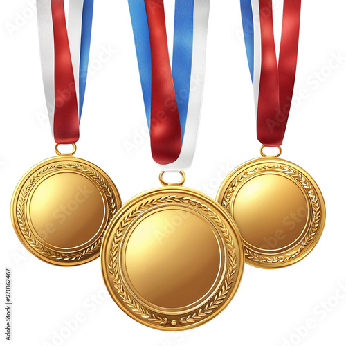 Shiny Gold Medals With Ribbons Displayed on a White Background