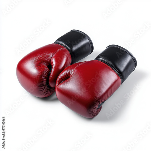 A pair of classic red boxing gloves, neatly placed together, isolated on a white background, representing sports, fitness, and competition.