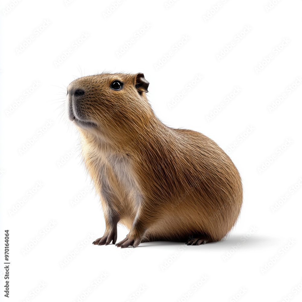 A calm capybara sitting on a white background, showcasing the rodent's large body and gentle demeanor. A calm capybara sitting on a white background, showcasing the rodent's large body and gentle demeanor.