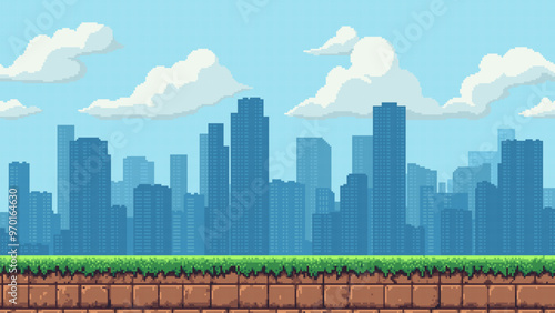 pixel art city game level background, seamless 8 bit retro video game style, grass, cityscape, skyscrapers, vector illustration