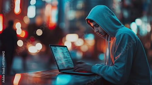 Unrecognizable young hacker in hoodie using laptop in blurry city. Business people. Concept of cybersecurity. Toned image double expsoure..generative ai photo