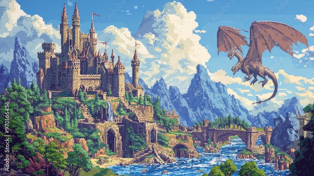Fototapeta premium Fantasy Dragon Castle Landscape Illustration