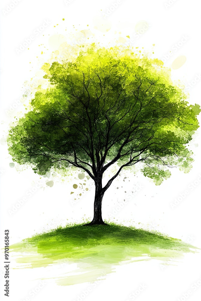 Vibrant Green Tree on a Hill with Soft Watercolor Effect Vibrant Green Tree on a Hill with Soft Watercolor Effect