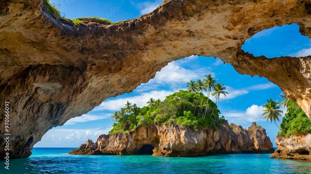 Fototapeta premium Natural stone arch framing a view of a tropical paradise.