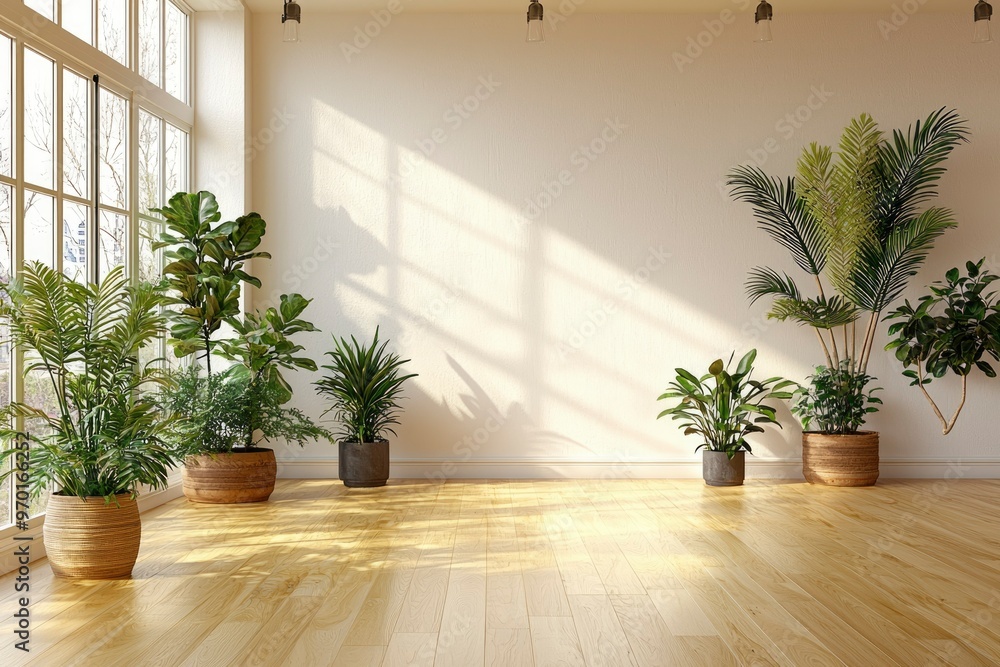 Empty Room with Hardwood Floor and Potted Plants Empty Room with Hardwood Floor and Potted Plants