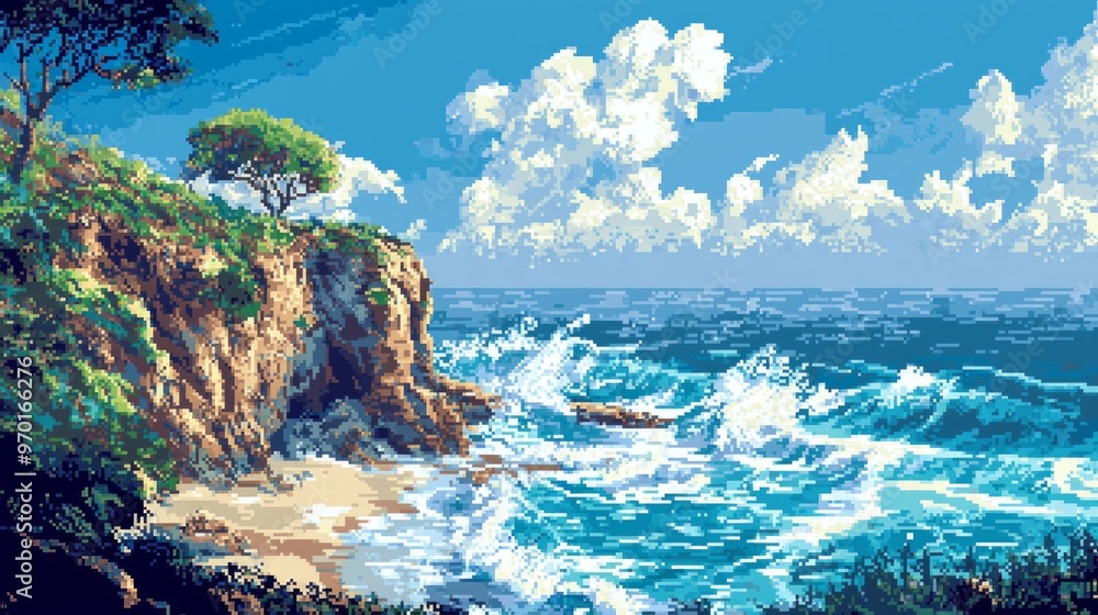 Fototapeta premium Pixel Art Ocean Waves Crashing on Coastline with Green Trees