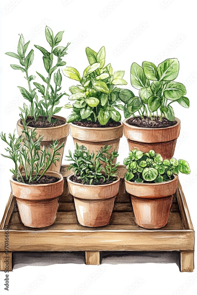 Herb Pots on Wooden Tray with Fresh Green Plants Herb Pots on Wooden Tray with Fresh Green Plants