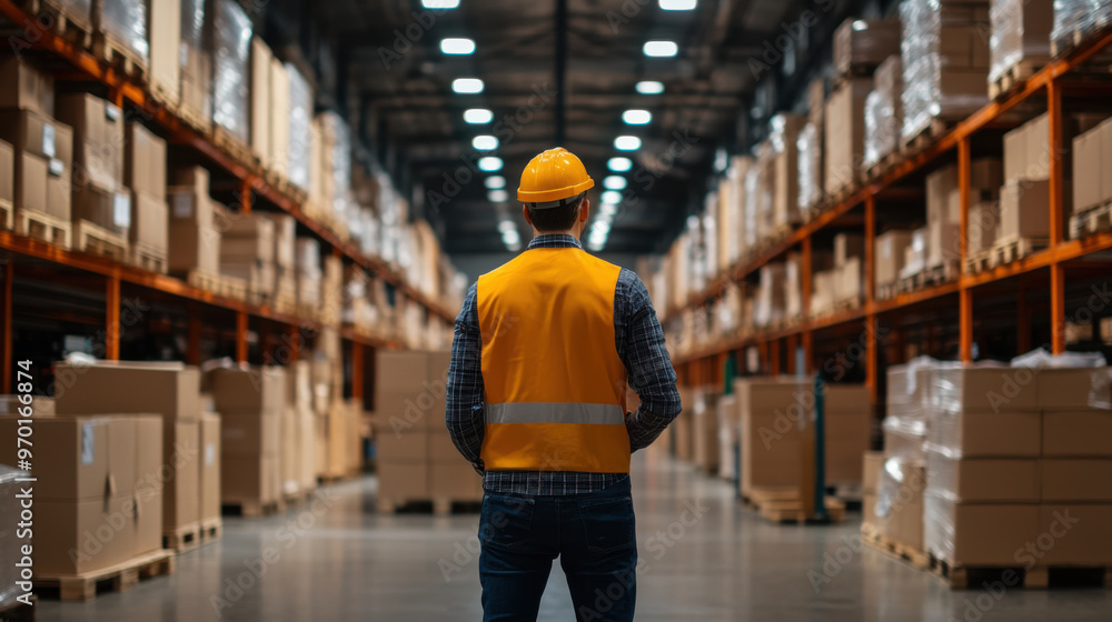 A warehouse worker in a safety vest and hard hat inspects a large storage aisle filled with boxes and stocked shelves. A warehouse worker in a safety vest and hard hat inspects a large storage aisle filled with boxes and stocked shelves.