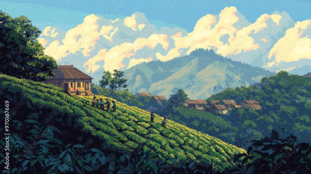 Naklejka premium Pixelated Mountainside Village with Green Tea Plantation