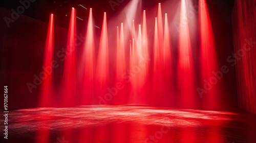 Stage floor gleaming under red lights and powerful spotlights above