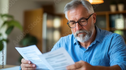 A person with gray hair and glasses closely examines documents and papers, sitting at a desk in a home setting, showcasing concentration and attention to detail.