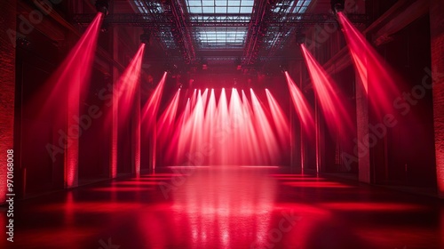 Neon stage glowing with red lights and white spotlights over polished floor