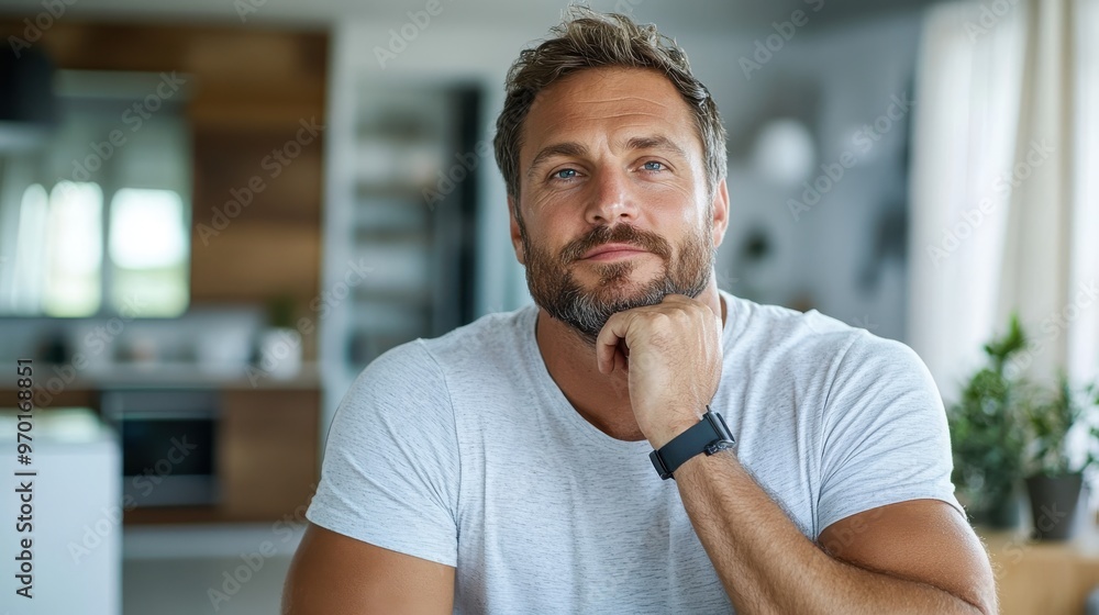 Naklejka premium A relaxed man with tousled hair and a beard, wearing a white t-shirt, sitting indoors with his chin resting on his hand, exuding a thoughtful and contemplative demeanor.