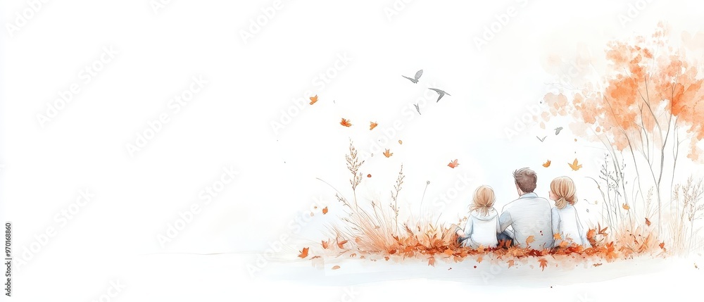 Obraz premium A family relaxing in a pile of golden leaves, surrounded by the warmth of an autumn landscape, with ample space for text