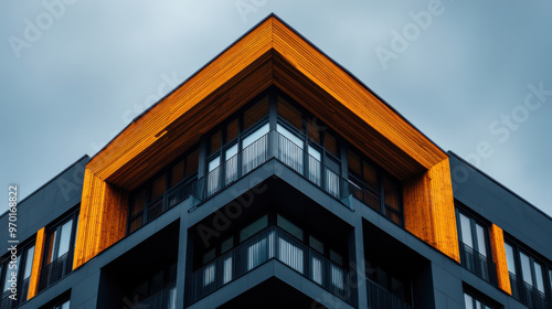 A sharp, angular view of a modern apartment building featuring dark walls and contrasting wood accents under a cloudy sky. photo