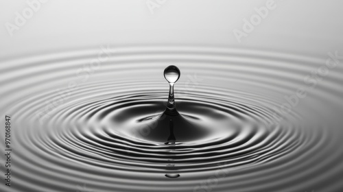 Serene Water Ripples: Close-up of a Crystal Clear Water Droplet Making Ripples on Still Monochrome Surface