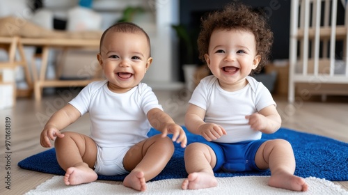 Two adorable babies with big smiles are sitting on a play mat, one in a white diaper and the other in blue, radiating pure joy and innocence in a cozy, indoor setting.