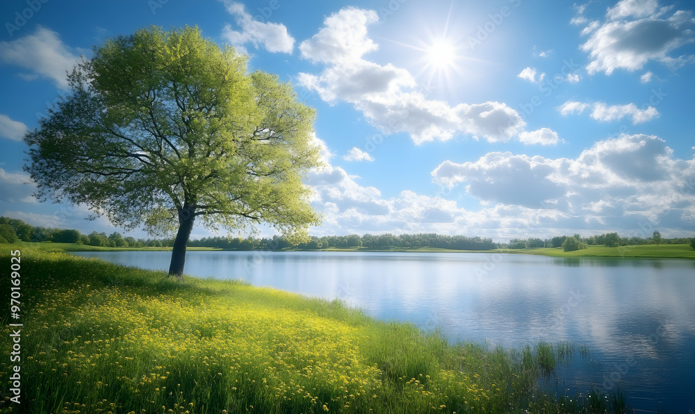 Tranquil lake scene with a single tree on the shore, under a blue sky with fluffy white clouds. Tranquil lake scene with a single tree on the shore, under a blue sky with fluffy white clouds.