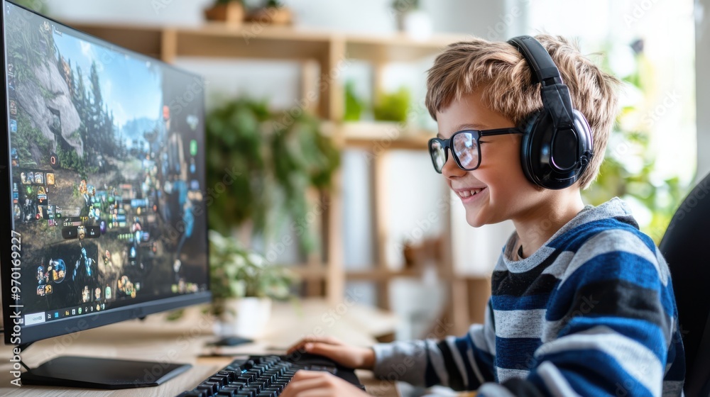 Young boy with glasses and headphones eagerly plays a computer game in a cozy, well-lit room, with a smile on his face, showcasing the joy of gaming. Young boy with glasses and headphones eagerly plays a computer game in a cozy, well-lit room, with a smile on his face, showcasing the joy of gaming.