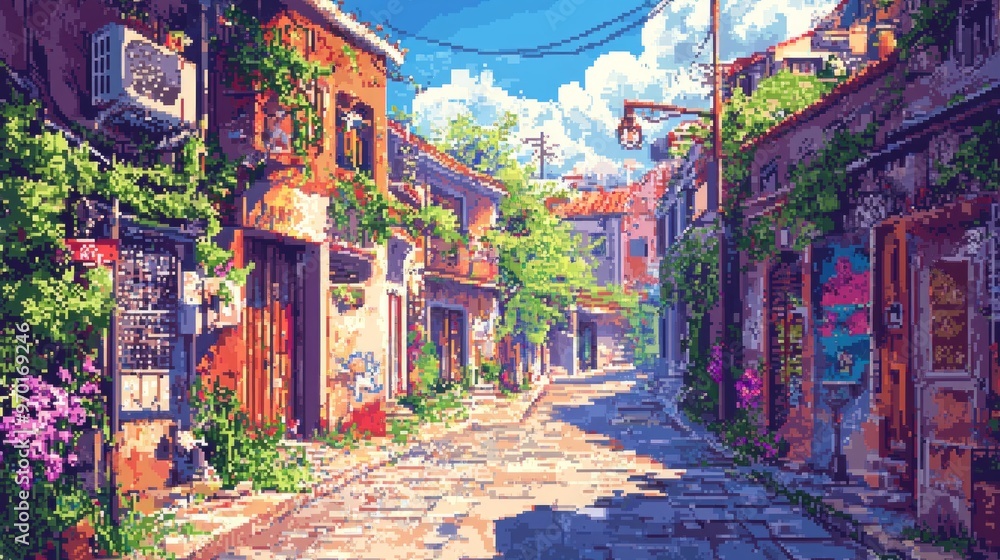 Fototapeta premium Pixel Art Cityscape with Cobblestone Street and Vibrant Buildings