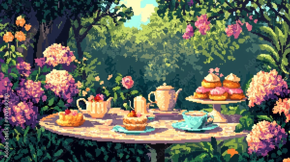 Obraz premium Pixel Art Garden Tea Party